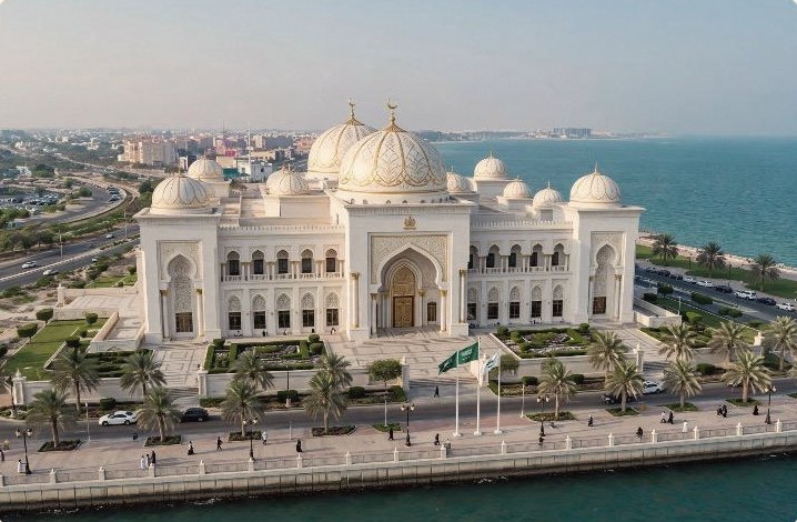 White domed waterfront palace on a corniche
