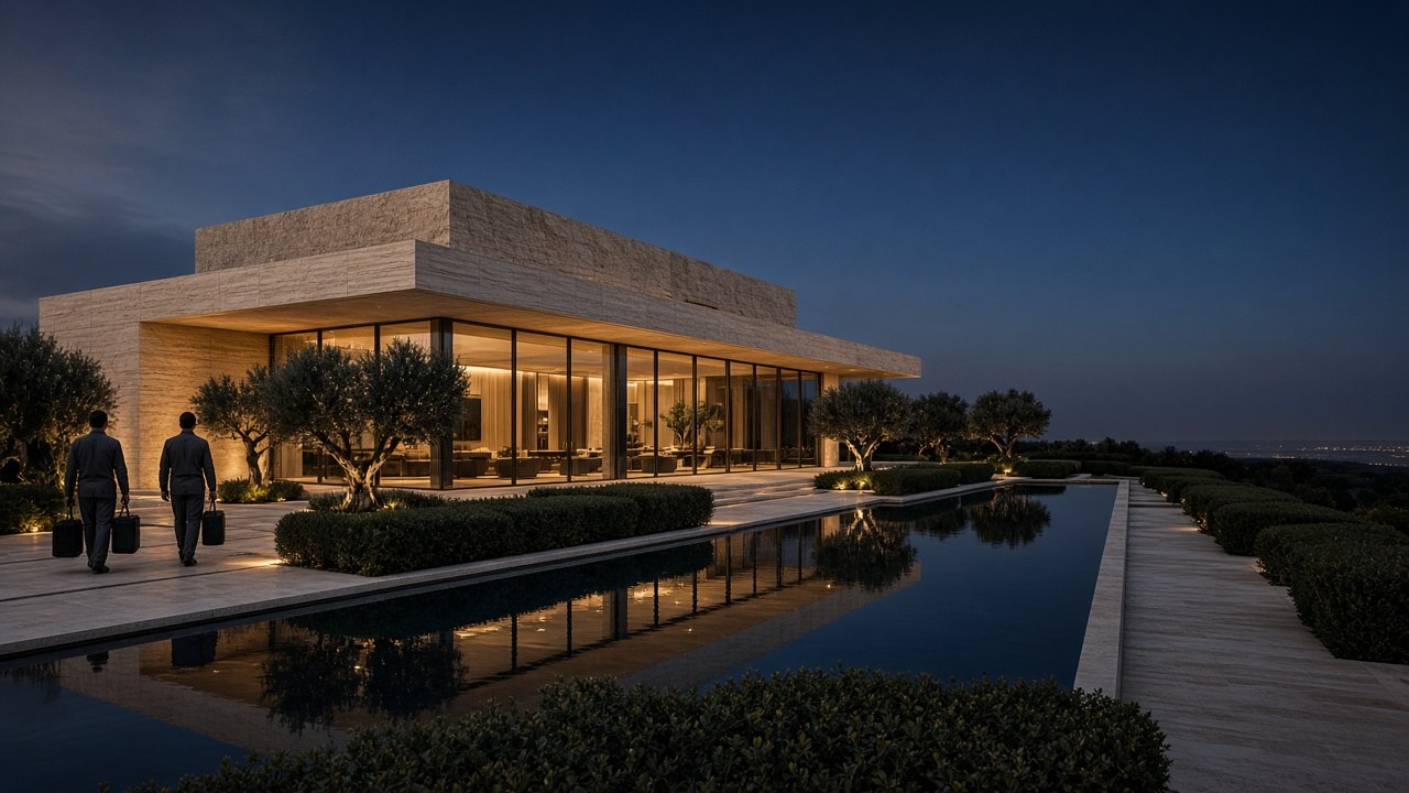A contemporary stone villa at dusk with a reflecting pool; two uniformed Ittakil technicians walk quietly along the path.