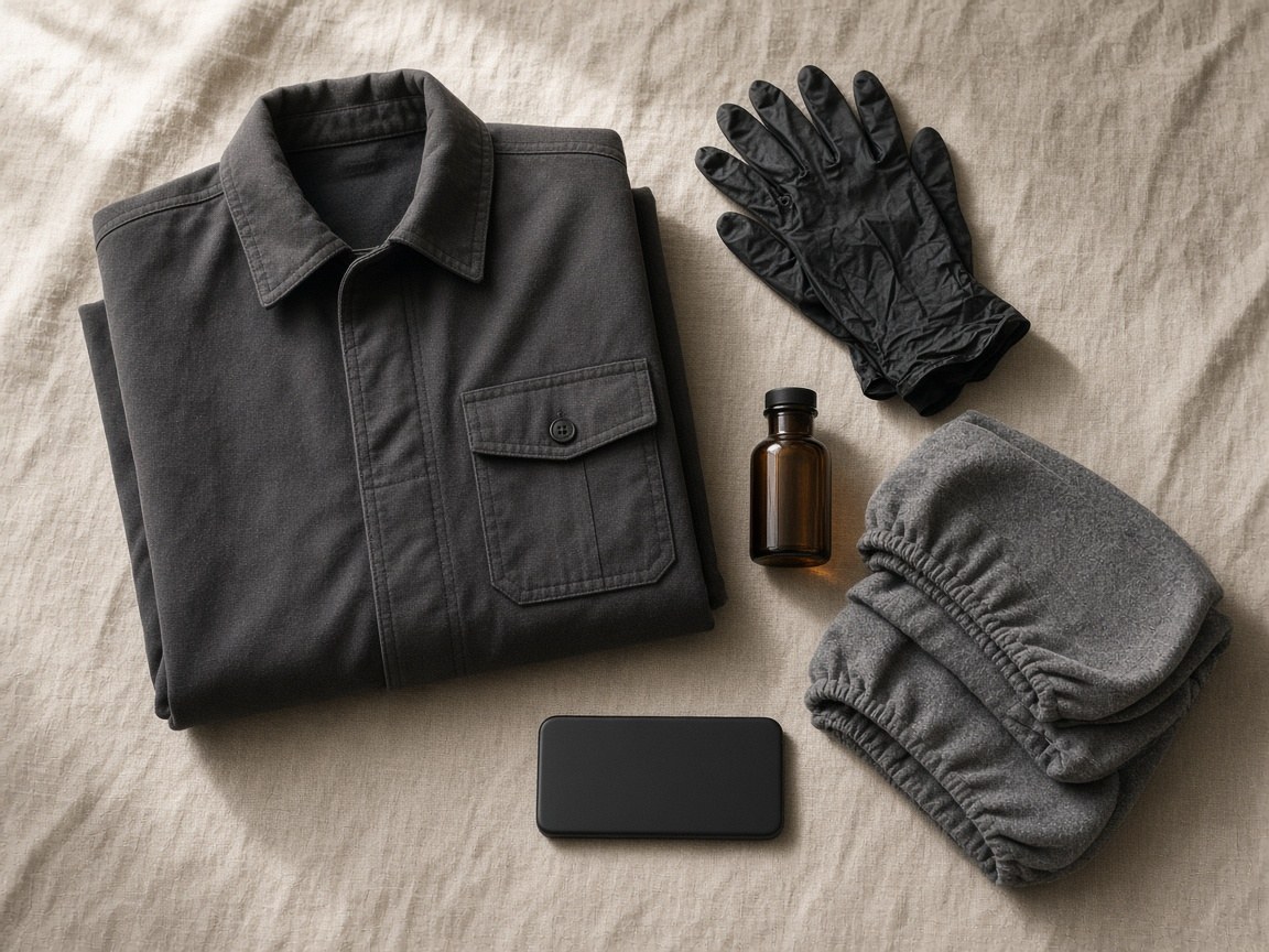 A folded charcoal uniform, gloves, shoe covers, a small fragrance bottle and a camera-less work phone on linen.